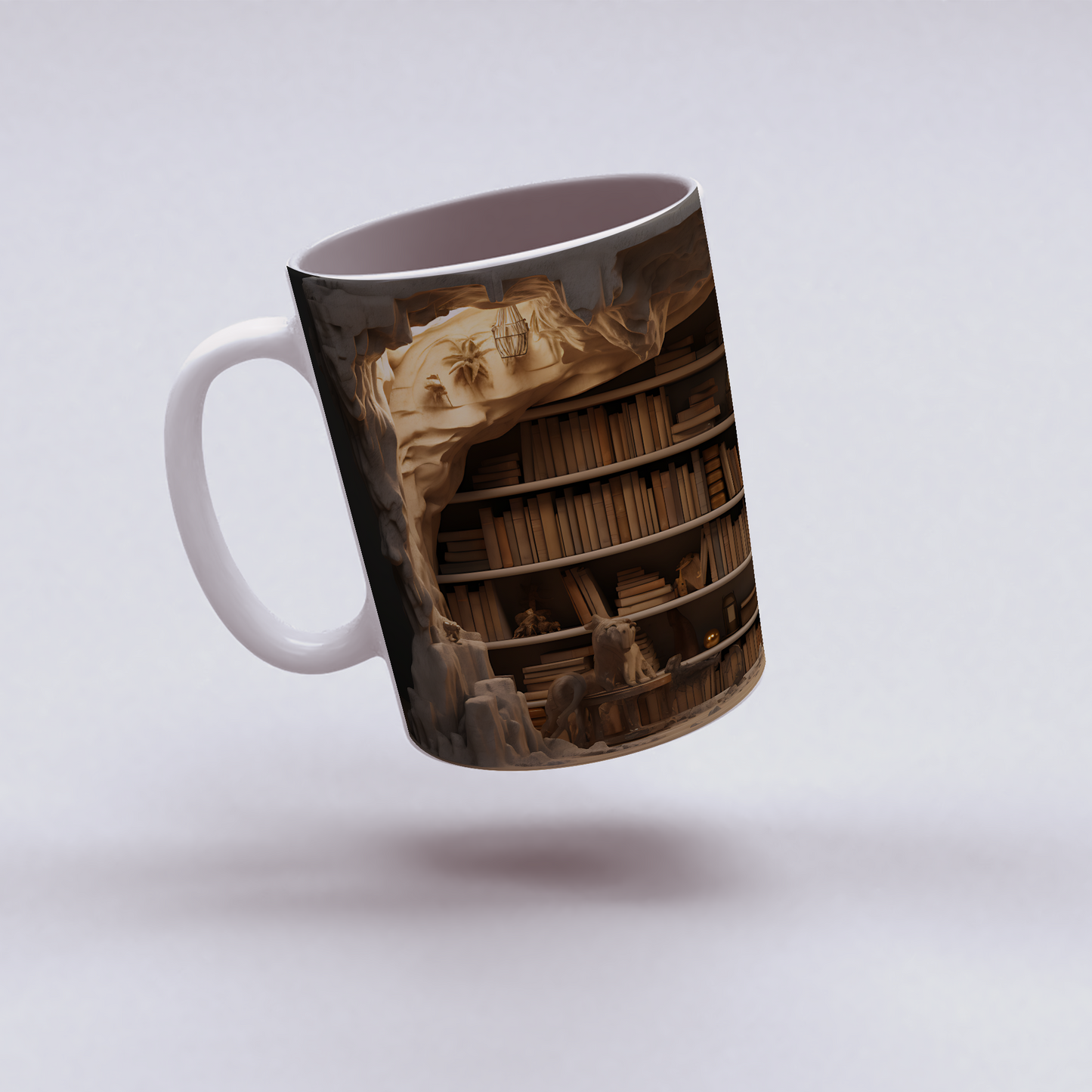 3D Tasarım Kitaplık Temalı Porselen Kupa Bardak K01