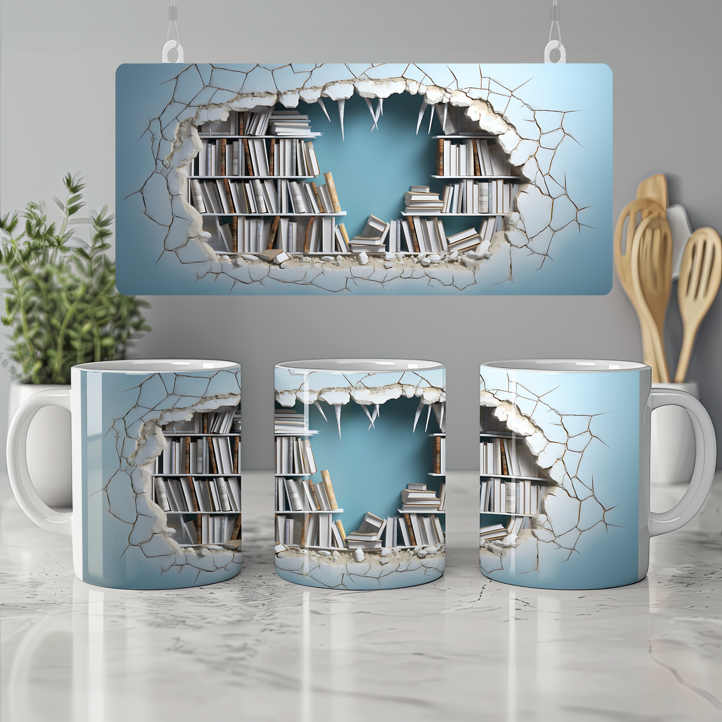 3D Tasarım Kitaplık Temalı Porselen Kupa Bardak K25