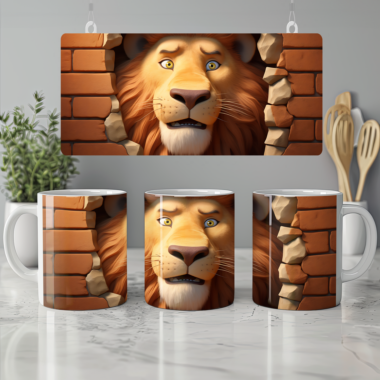 3D Safari Temalı Kupa – Vahşi Hayvan Desenli Bardak - Aslan Seramik Kupa