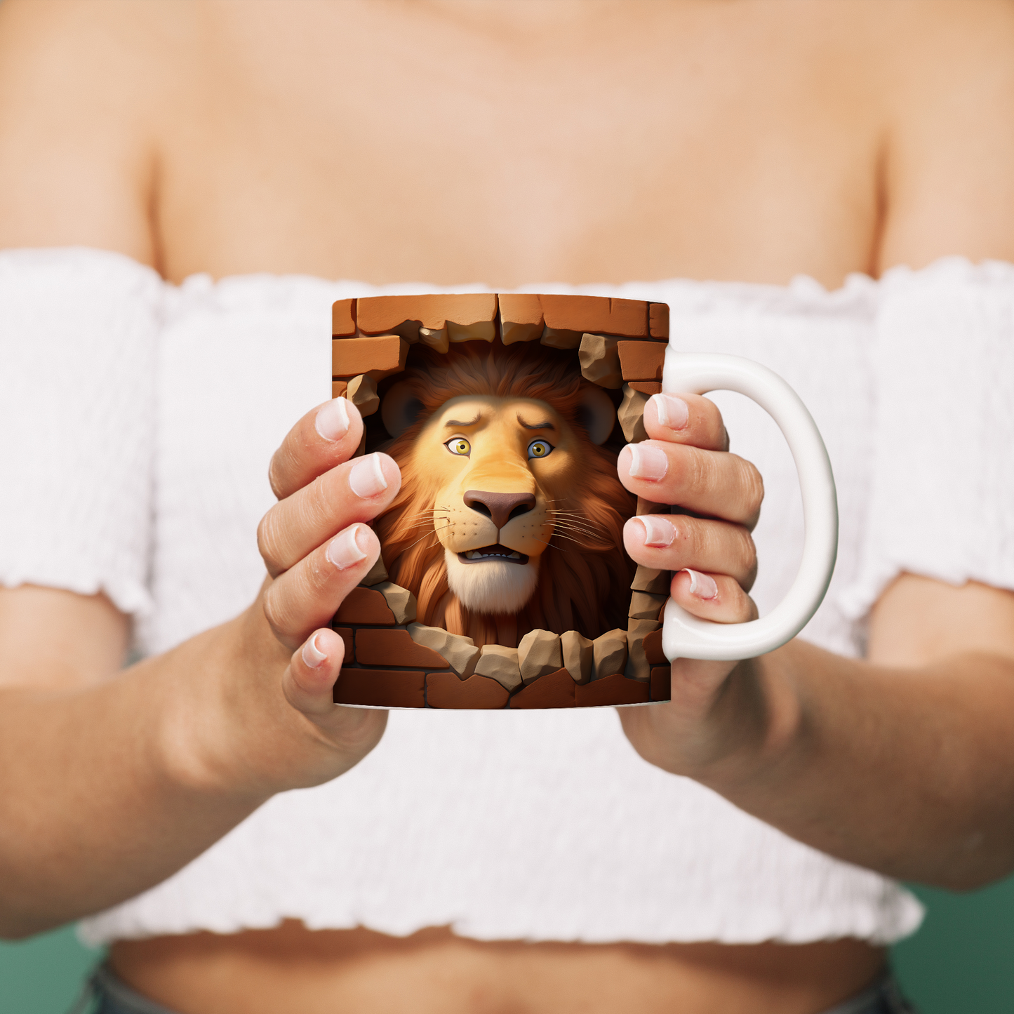 3D Safari Temalı Kupa – Vahşi Hayvan Desenli Bardak - Aslan Seramik Kupa