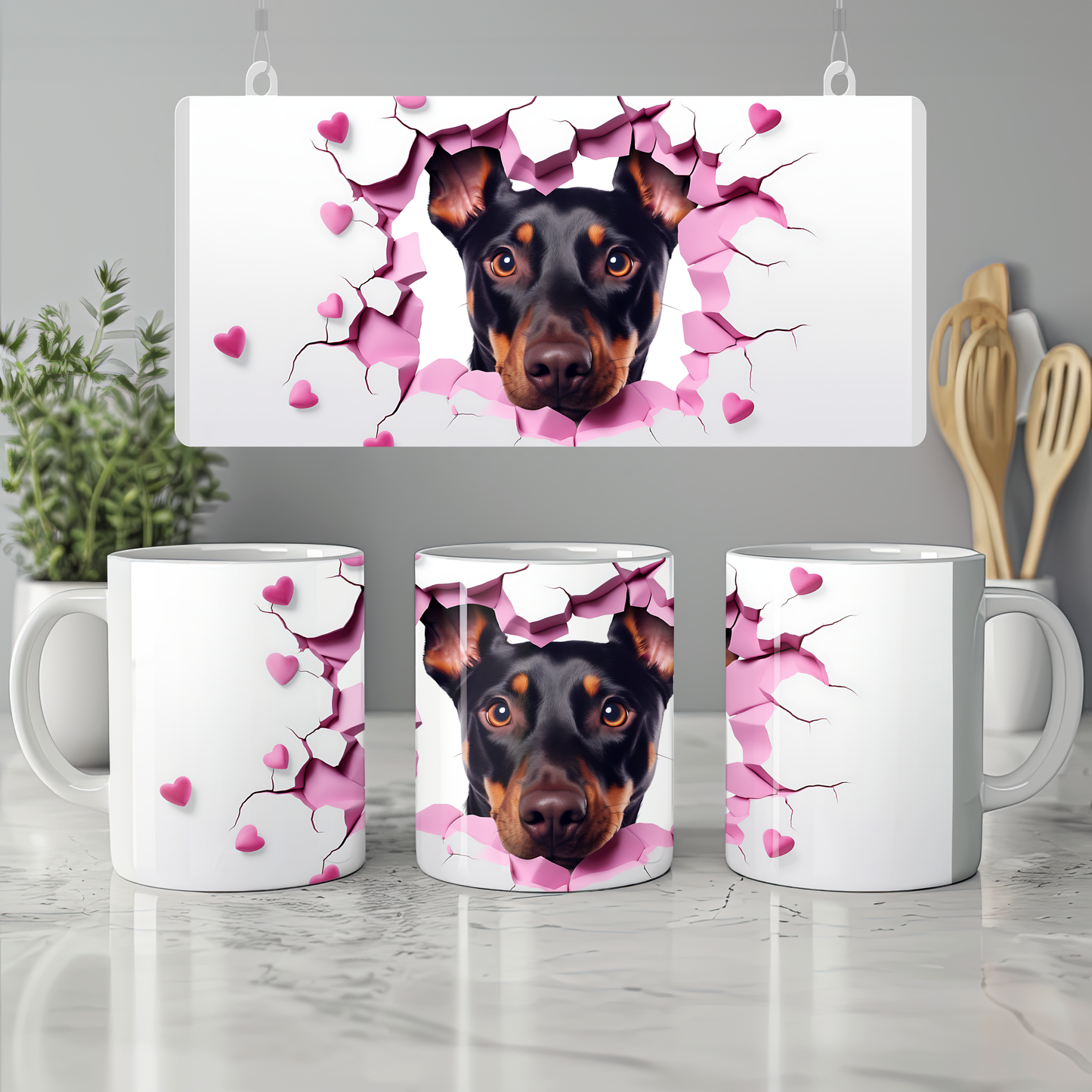 Pati Kafe – 3D Köpek Temalı Tatlı Kupa - Valentine Doberman Pinscher