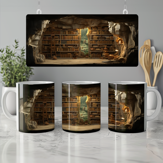 3D Tasarım Kitaplık Temalı Porselen Kupa Bardak K12