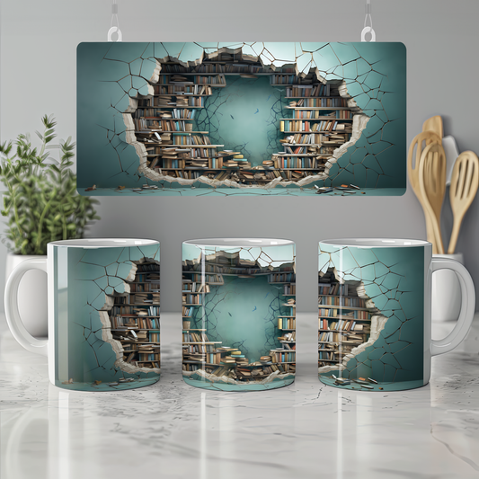3D Tasarım Kitaplık Temalı Porselen Kupa Bardak K13