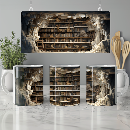 3D Tasarım Kitaplık Temalı Porselen Kupa Bardak K14