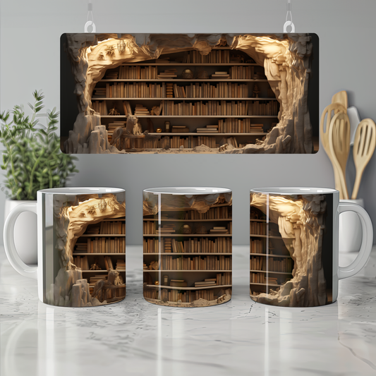 3D Tasarım Kitaplık Temalı Porselen Kupa Bardak K01