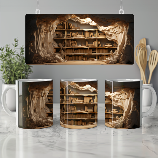 3D Tasarım Kitaplık Temalı Porselen Kupa Bardak K24