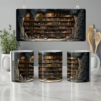 3D Tasarım Kitaplık Temalı Porselen Kupa Bardak -  K03