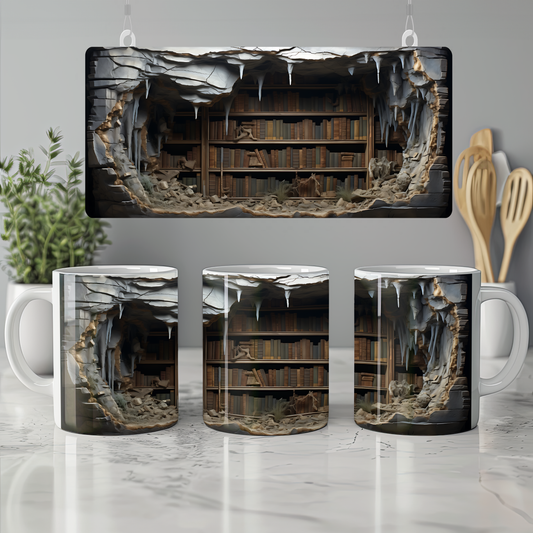 3D Tasarım Kitaplık Temalı Porselen Kupa Bardak K08